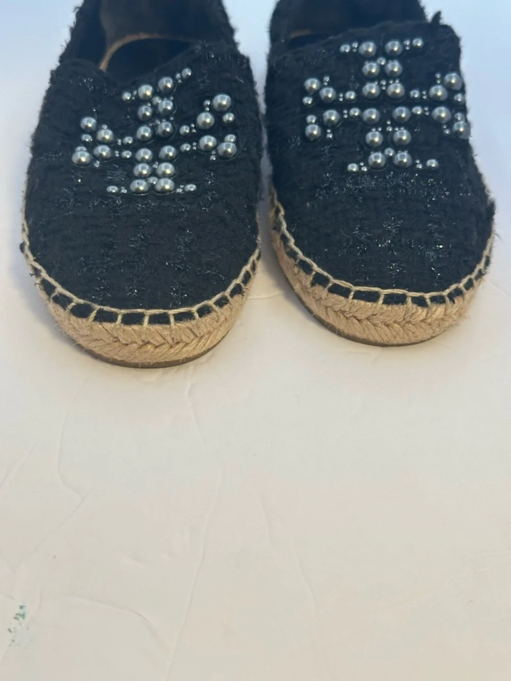 Tory Burch Black Pearl-Embellished Espadrille Flats Size 6.5